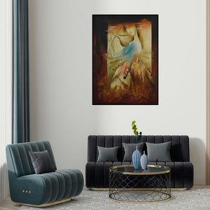 Durshit Bhaskar's 'The Divine Love (Mystical Flute Player)' painting visualized above a sofa in a contemporary room.