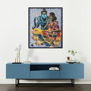 Pratiksha Bothe's 'Divine Love (Shiva and Parvati)' painting visualized above a sofa in a contemporary room.