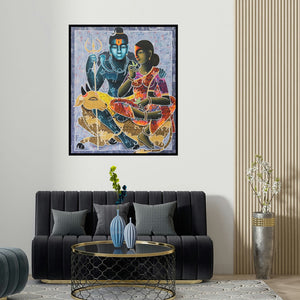 'Divine Love (Shiva and Parvati)' painting by Pratiksha Bothe shown on a wall in a furnished room.
