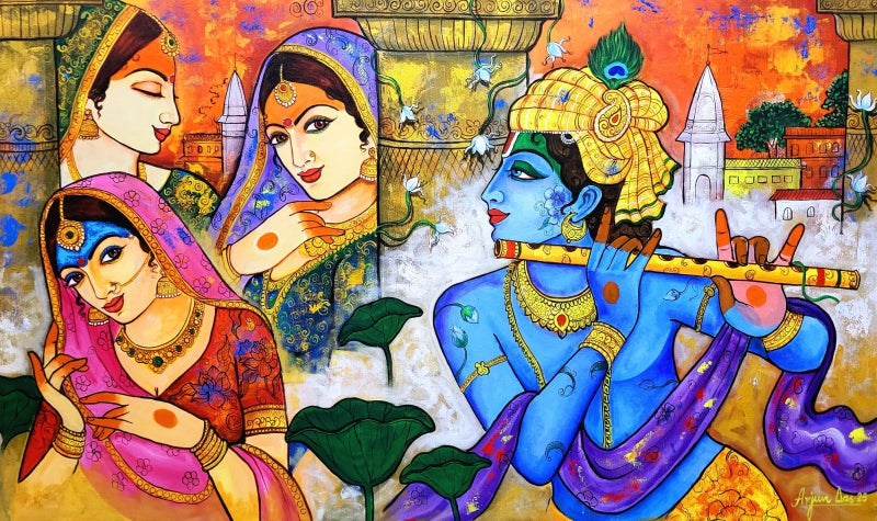 Divine Melody by Arjun Das, Original Acrylic Religious Painting on Canvas, X-Small Horizontal Wall Art