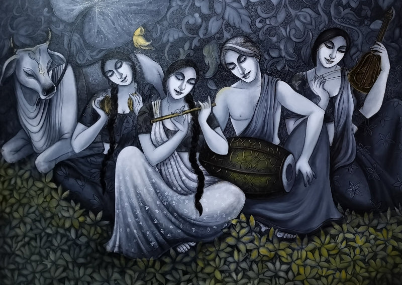 'Divine Melody' figurative acrylic painting by artist Monalisa Sarkar, 36x48 inch, on canvas