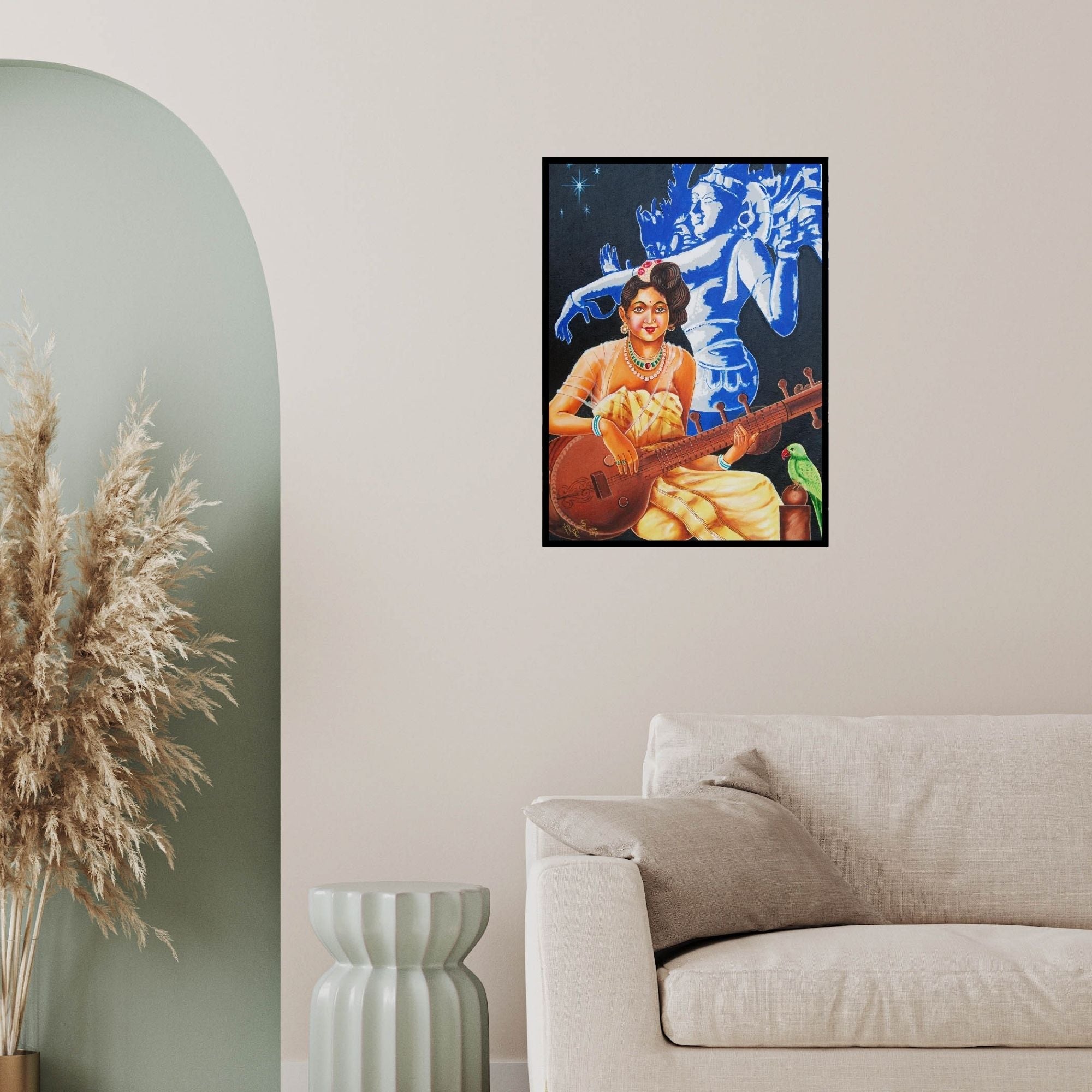 In-situ view of Ragunath's 'Divine Music' painting in a room