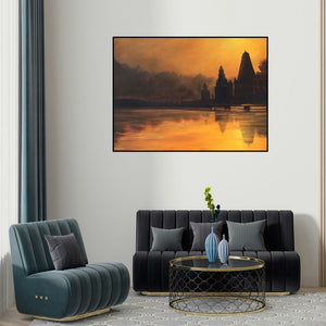 Ramdas Thorat's 'Divine Orange' painting visualized above a sofa in a contemporary room.