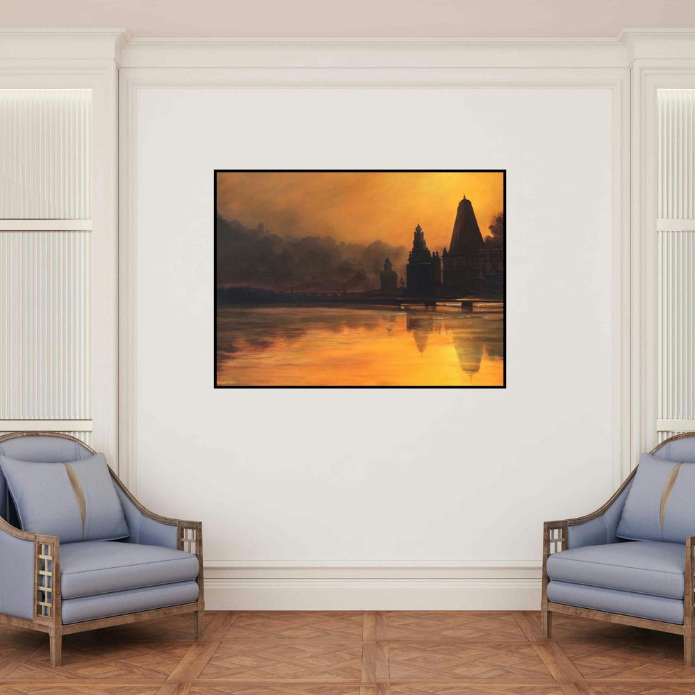 'Divine Orange' painting by Ramdas Thorat shown on a wall in a furnished room.