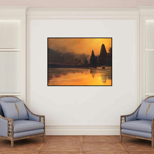 'Divine Orange' painting by Ramdas Thorat shown on a wall in a furnished room.
