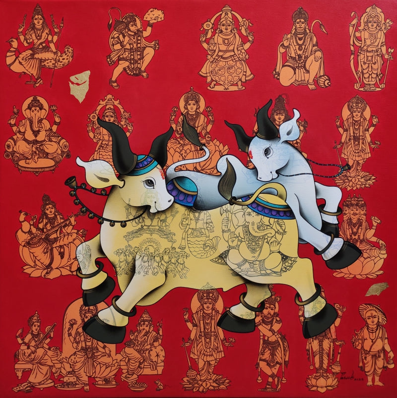 'Divine Presence' religious acrylic-charcoal painting by artist Paras Parmar, 36x36 inch, on canvas