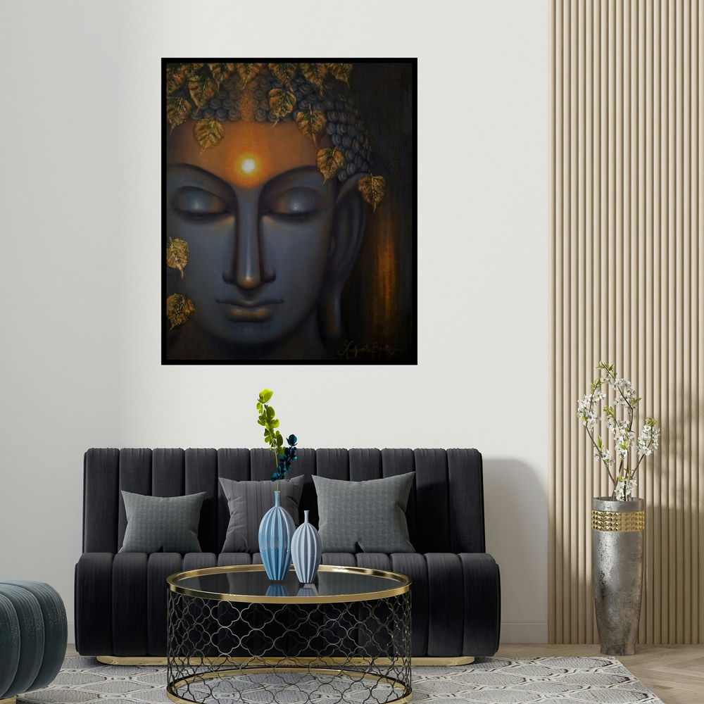 'Divine Soul (Whispers of Enlightenment)' painting by Madhumita Bhattacharya shown on a wall in a furnished room.