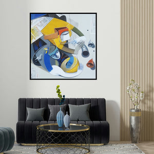 Pradip Sarkar's 'Divine Tunes 1 (Harmonious Duet**)' painting visualized above a sofa in a contemporary room.