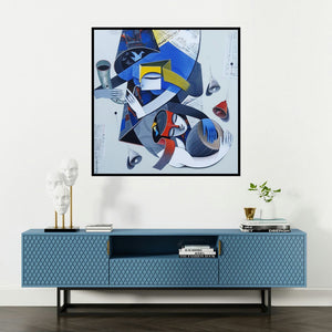 'Divine Tunes 2 (Celestial Harmony**)' painting by Pradip Sarkar shown on a wall in a furnished room.