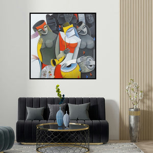 Pradip Sarkar's 'Divine Tunes 3 (Harmonious Ensemble**)' painting visualized above a sofa in a contemporary room.