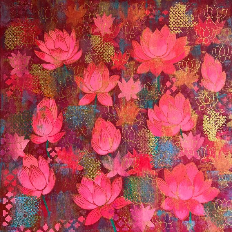 Nature acrylic painting titled 'Divya Padma Divine Lotus', 30x30 inches, by artist Amita Dand on canvas