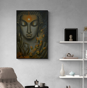 Madhumita Bhattacharya's painting 'Divyajyoti' displayed in a modern living room setting