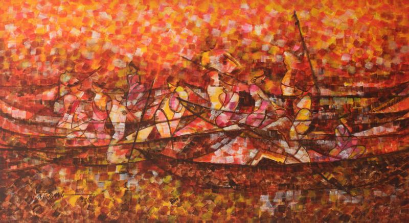 Figurative acrylic painting titled 'Dock', 25x45 inches, by artist Sarang Singla on Canvas