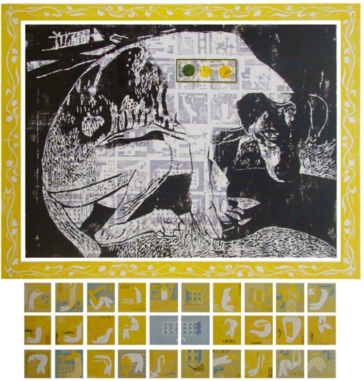 Cityscape etching drawing titled 'Dogy of Metro city', 54x48 inches, by artist Mangesh Kapse on Paper