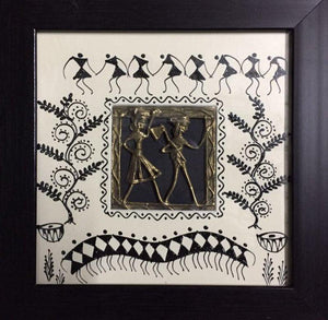 Dokra Art 1 (Rhythm of Unity) by Pradeep Swain, Original Tribal Folk Art Painting on Canvas, X-Small Square Wall Art