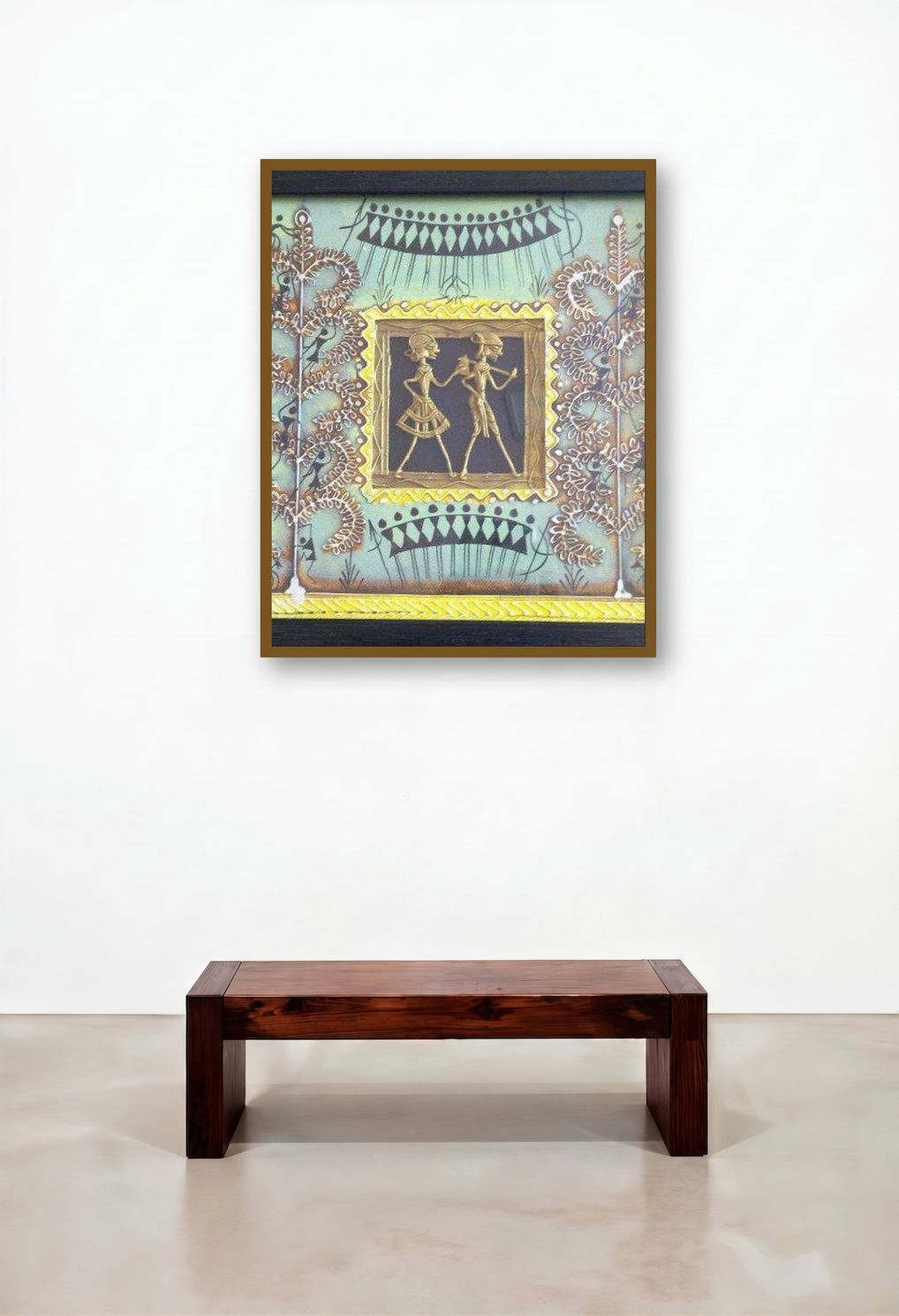 Dokra Art 11 (Tribal Rhythm) by artist Pradeep Swain displayed in a Minimalist Living Room