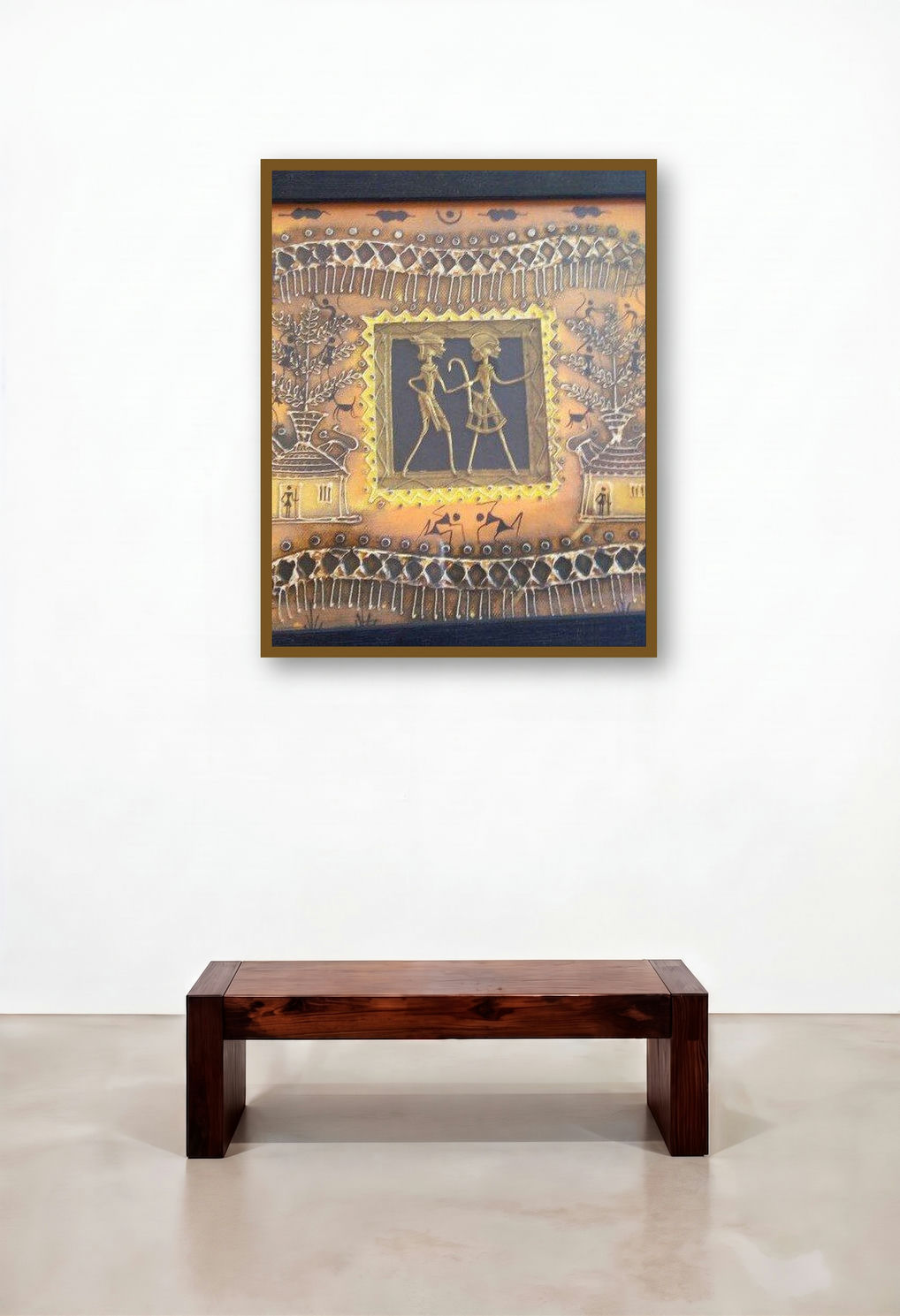 Dokra Art 13 (Spirit of the Tribes) by artist Pradeep Swain displayed in a Contemporary Luxury Reception Area