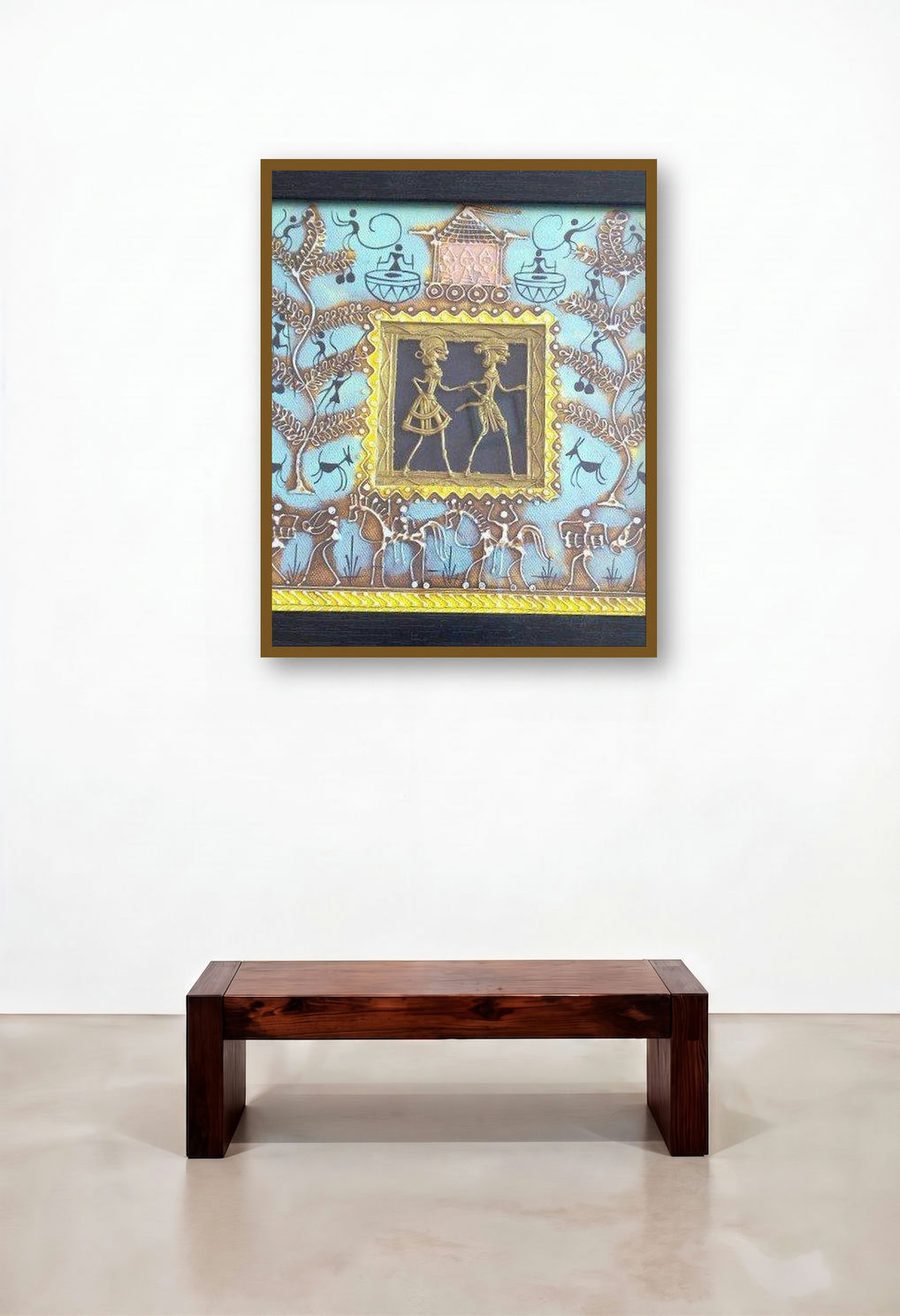 Dokra Art 14 (Duet of Life) by artist Pradeep Swain displayed in a Mid-Century Modern Study