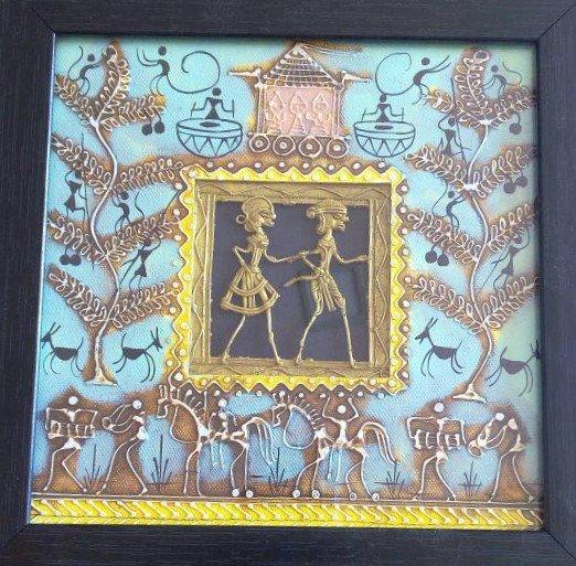 Folk Art tribal painting titled 'Dokra Art 14', 10x10 inches, by artist Pradeep Swain on Canvas