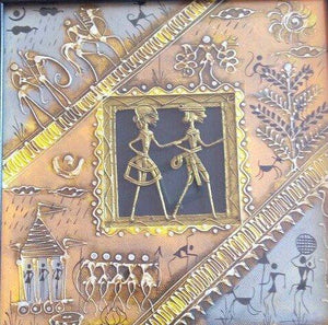 Dokra Art 15 (Echoes of the Ancestors) by Pradeep Swain, Original Tribal Folk Art Painting on Canvas, X-Small Square Wall Art