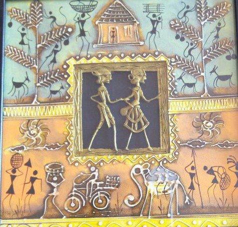 Folk Art tribal painting titled 'Dokra Art 16', 10x10 inches, by artist Pradeep Swain on Canvas