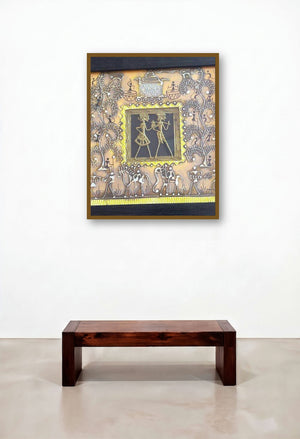 Dokra Art 17 (Framed Tribal Art Painting) by artist Pradeep Swain displayed in a Modern Bedroom