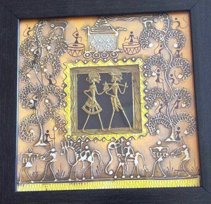 Dokra Art 17 (Framed Tribal Art Painting) by Pradeep Swain, Original Tribal Folk Art Painting on Canvas, X-Small Square Wall Art