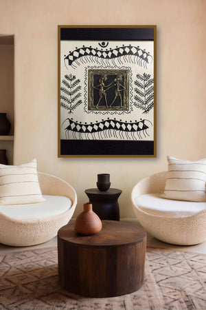 Dokra Art 3 (Intertwined Spirits) by artist Pradeep Swain displayed in a Museum Style gallery