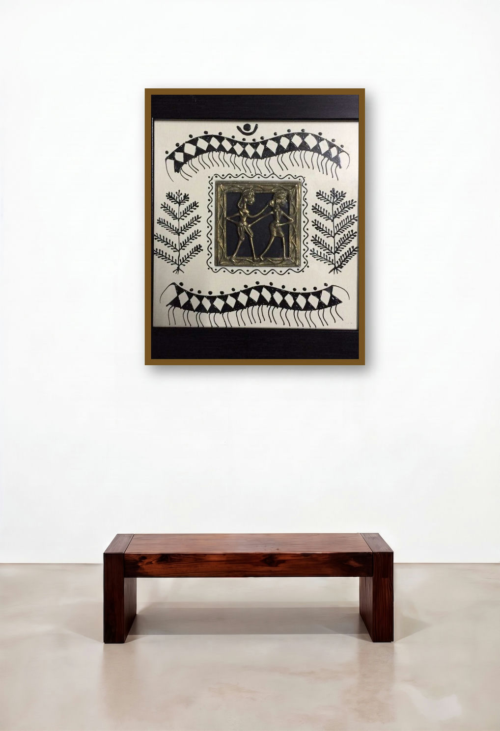 Dokra Art 3 (Intertwined Spirits) by artist Pradeep Swain displayed in a Coastal Lounge