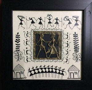 Dokra Art 4 (Spirit of Togetherness) by Pradeep Swain, Original Tribal Folk Art Painting on Canvas, X-Small Square Wall Art
