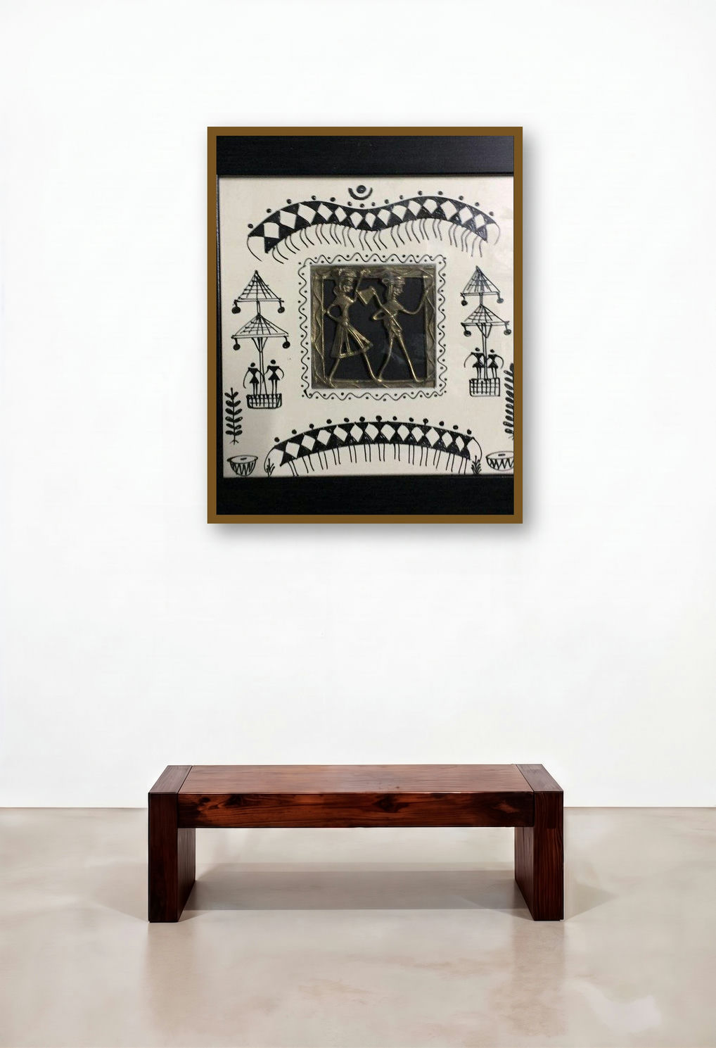 Dokra Art 5 (Echoes of the Earth) by artist Pradeep Swain displayed in a Industrial Bedroom
