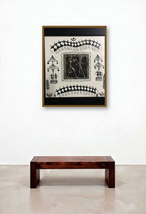 Dokra Art 5 (Echoes of the Earth) by artist Pradeep Swain displayed in a Industrial Bedroom