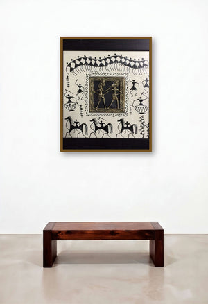 Dokra Art 6 (Dance of Creation) by artist Pradeep Swain displayed in a Classic Bedroom