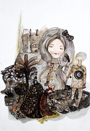 Doll And My Emotion 4 (A Whimsical World) by Ekta Singh, Original Mixed Media Figurative Painting on Paper, Small Vertical Wall Art