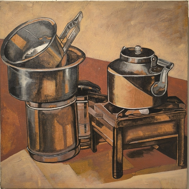 The Domestic Sequence' still-life acrylic painting by artist Mona Dalal, 18x18 inch, on canvas