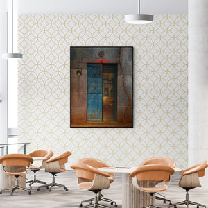Gopal Pardeshi's painting 'The Door (Threshold)' displayed in a modern living room setting
