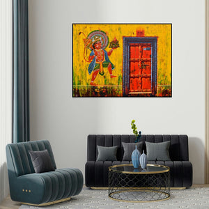 Anil Kumar Yadav's 'Door 30 (Hanuman's Vigil)' painting visualized above a sofa in a contemporary room.