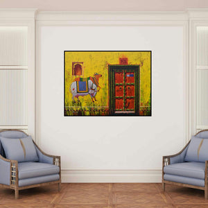 'Door 33 (Rustic Charm)' painting by Anil Kumar Yadav shown on a wall in a furnished room.
