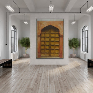 Preview of 'The Door (The Maharaja's Gate)' Painting by Dhirendra Mandge shown on a wall in a furnished room.
