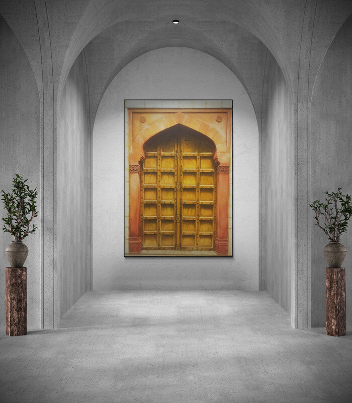 In-situ view of Dhirendra Mandge's 'The Door (The Maharaja's Gate)' painting in a room