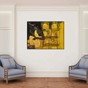 'Door 6 (Couple with Village Scenes)' painting by Siddharth Shingade shown on a wall in a furnished room.