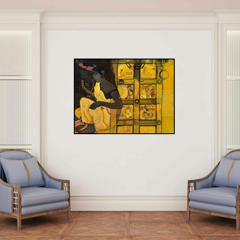 'Door 6 (Couple with Village Scenes)' painting by Siddharth Shingade shown on a wall in a furnished room.
