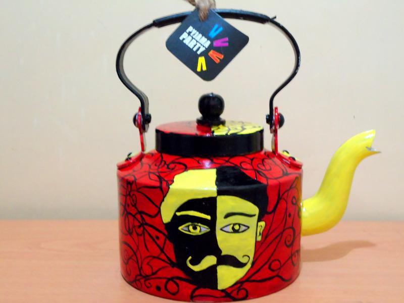Lifestyle craft titled 'Double Trouble Tea Kettle', 9x9x7 inches, by artist Rithika Kumar on Aluminium