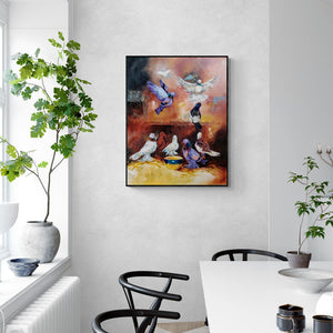 In-situ view of Lisha N T's 'Doves (A Flock of Hope)' painting in a room