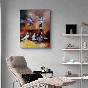 Preview of 'Doves (A Flock of Hope)' Painting by Lisha N T shown on a wall in a furnished room.