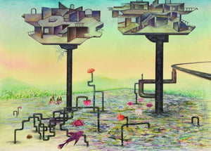 Down Town 2 (The Underwater Metropolis) by Satya Vijay Singh, Original Gouache Contemporary Painting on Paper, Medium Horizontal Wall Art