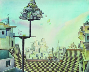 Down Town 5 (The Acrobat's View) by Satya Vijay Singh, Original Gouache Contemporary Painting on Paper, Medium Horizontal Wall Art