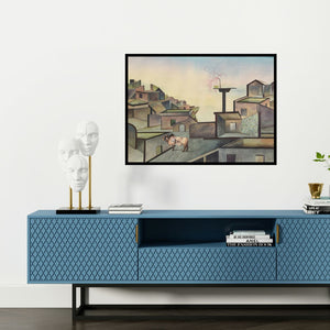 Preview of 'Down Town 6 (The Dreaming City)' Painting by Satya Vijay Singh shown on a wall in a furnished room.