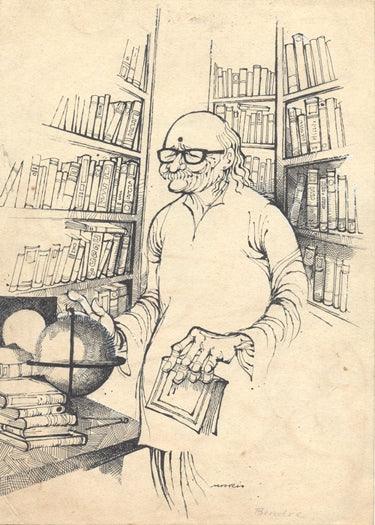 Figurative pen ink drawing titled 'Dr Bhendre', 10x7 inches, by artist Mario Miranda on Paper