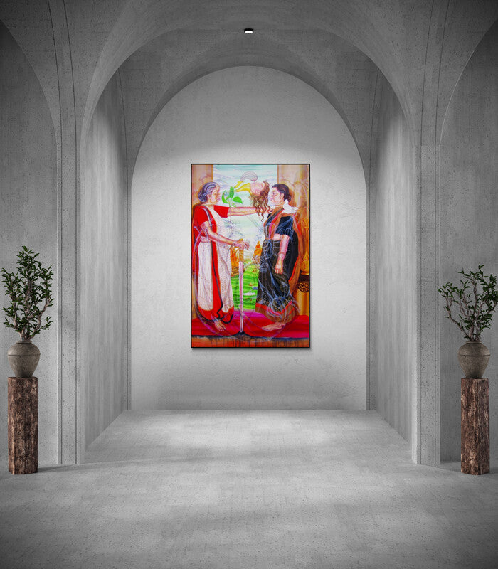 In-situ view of Sumana Som's 'Dramatic Dream (Hatching Dreams)' painting in a room